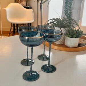 Anthropologie ALTA Gold Rim Blue Twist Stem Champagne Coupes Glasses Set
RARE X4